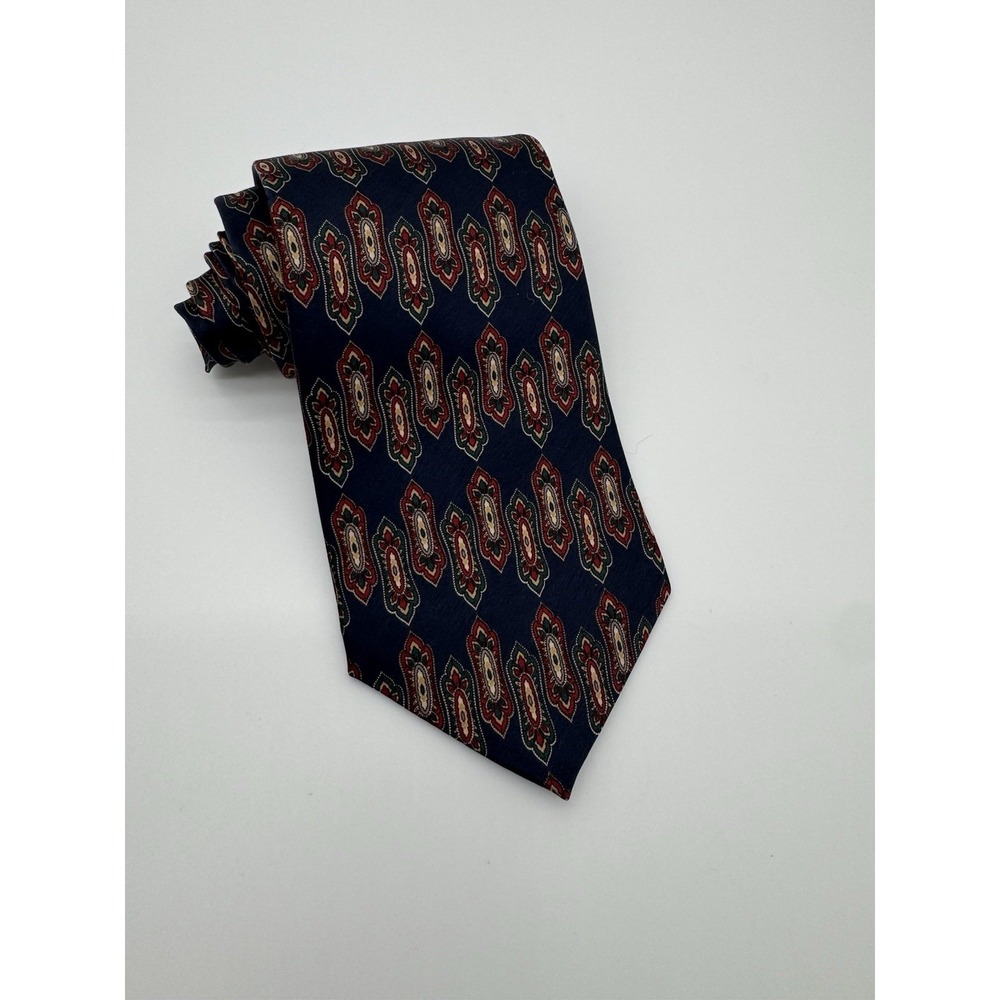 Bill Blass Silk Tie Navy Blue Red Green Medallion Geometric Pattern Classic Mens